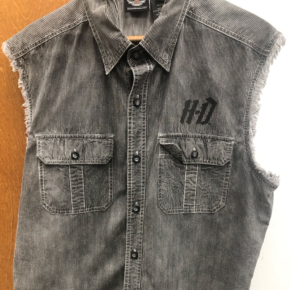 Harley Davidson Black and Gray, Sleeveless Button Down Shirt, Men’s L